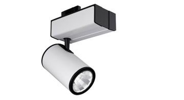 Eine moderne, zylindrische LED-Spotleuchte in Weiß und Schwarz für Schienensysteme, geeignet für Innenbeleuchtung.